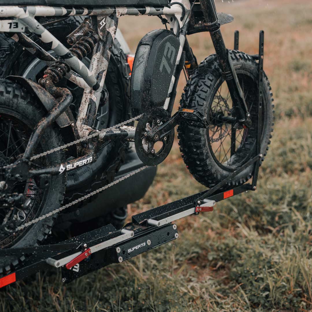 SUPER73-R Adventure ebike on a 1UP USA x SUPER73 Bike Rack.