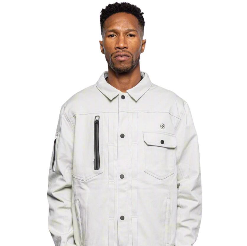 Male model wearing Anvil Chore Jacket in chalk colorway. @color_chalk