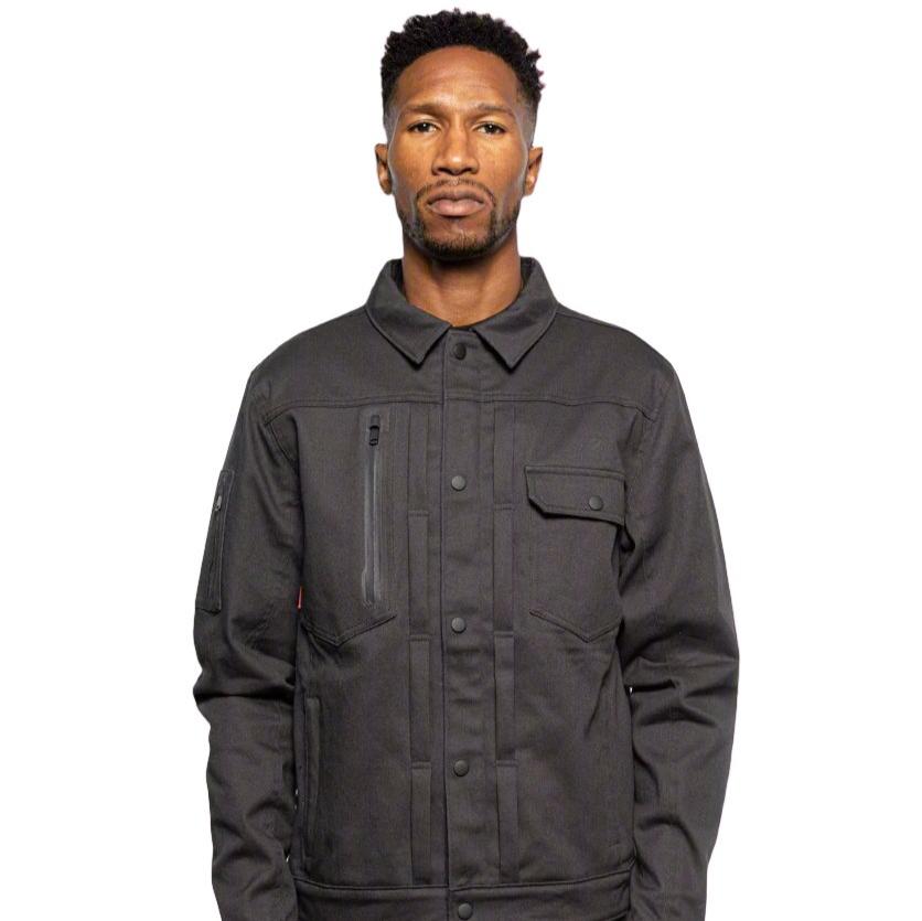 Male model wearing Anvil Chore Jacket in gravel colorway. @color_gravel