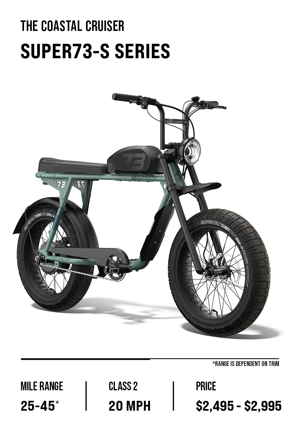 S Series overview graphic which lists details including price range, top speed, and battery range. Featuring the S2 Laguna in Agave Green.