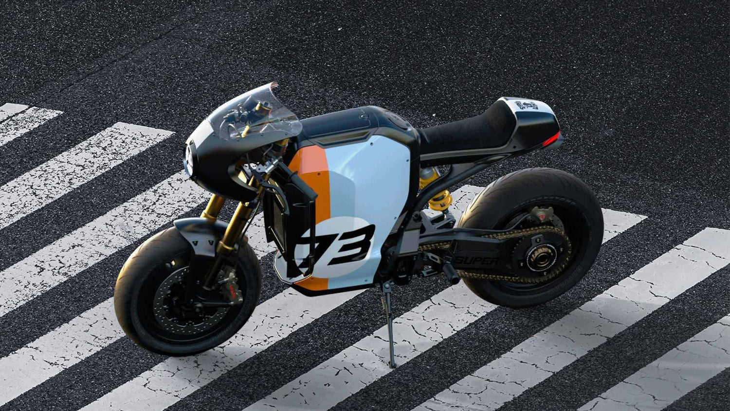 Lifestyle arial shot of the Super Le Pew “Café” Super Sport C1X bike.