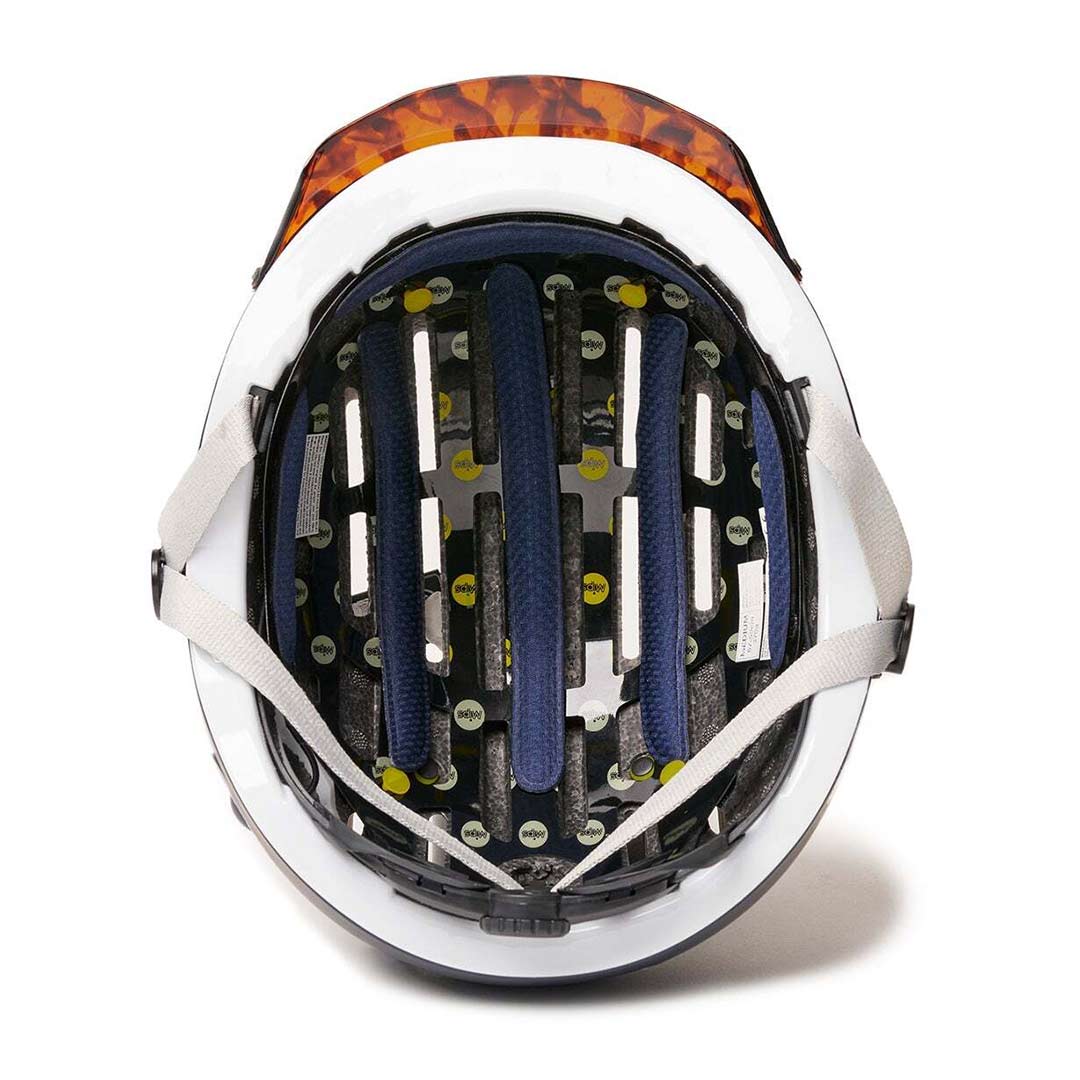 Inside  view of Blue Chapter MIPS Helmet by Thousand with tortoise shell visor on white background. @color_club navy