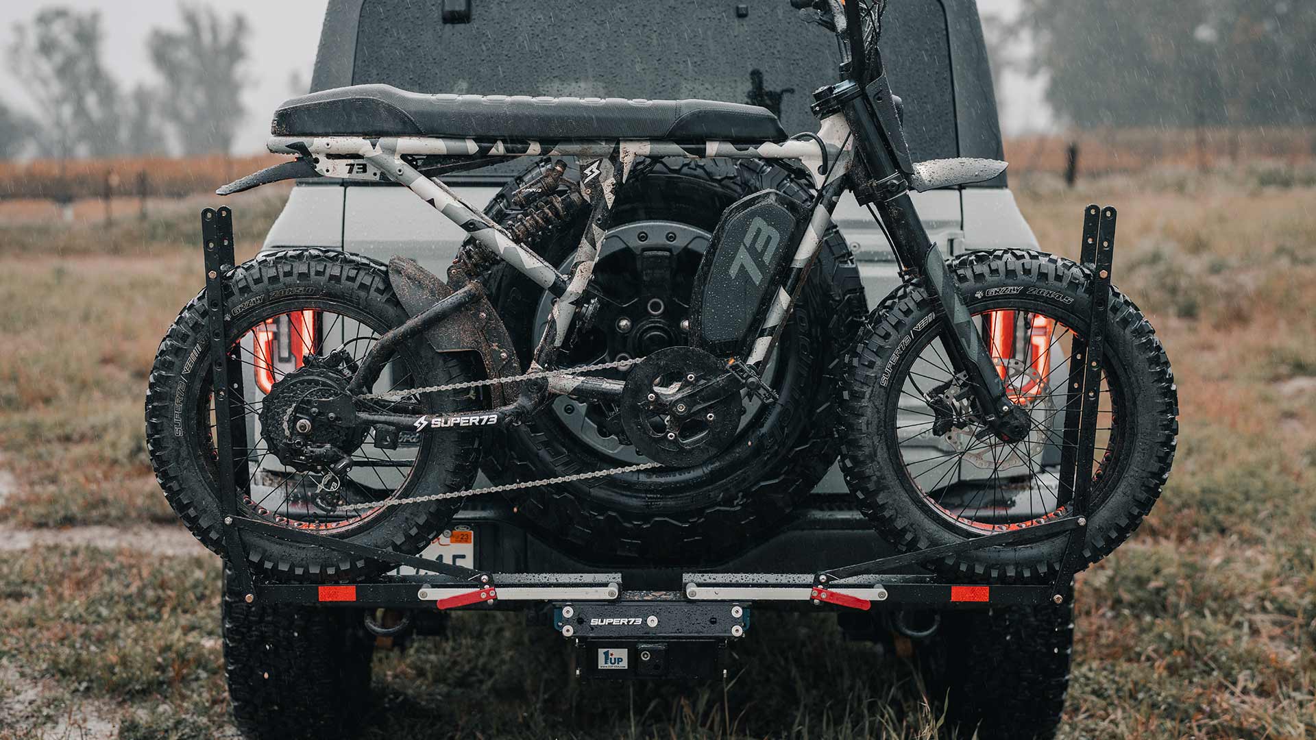 A SUPER73 ebike on a 1Up bike rack.
