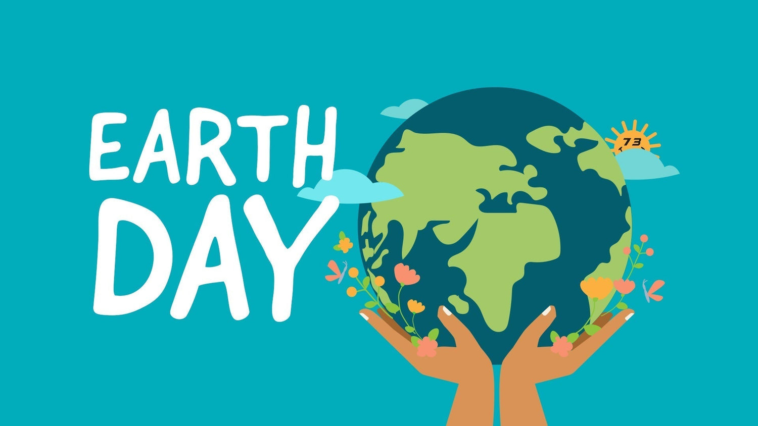 earth day hands holding up a globe with a smiling sun flowers and clouds