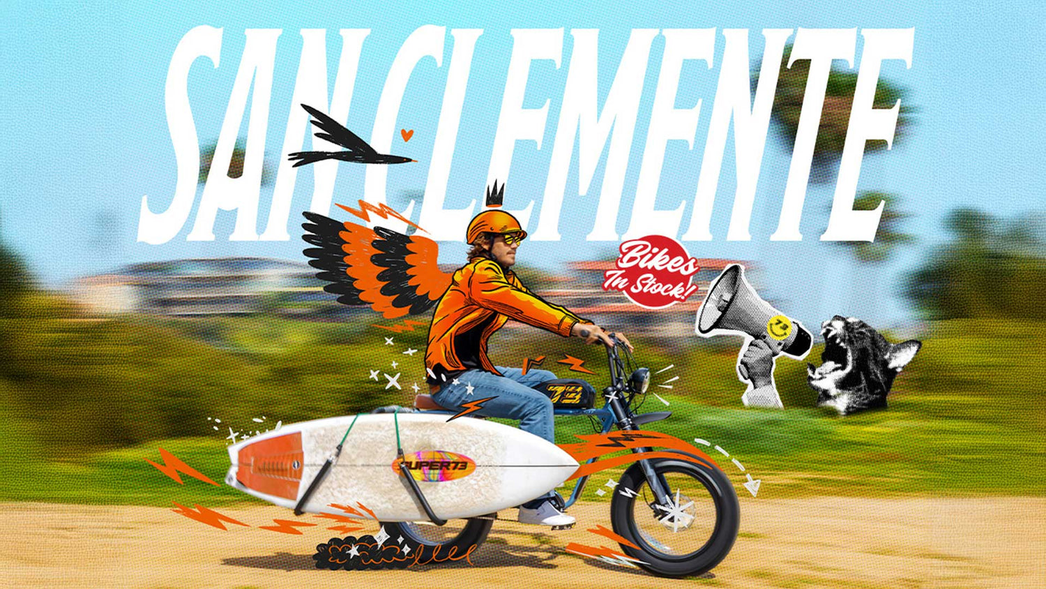 San Clemente animated ebike rider with surfboard and cat yelling into a megaphone in a scenic setting