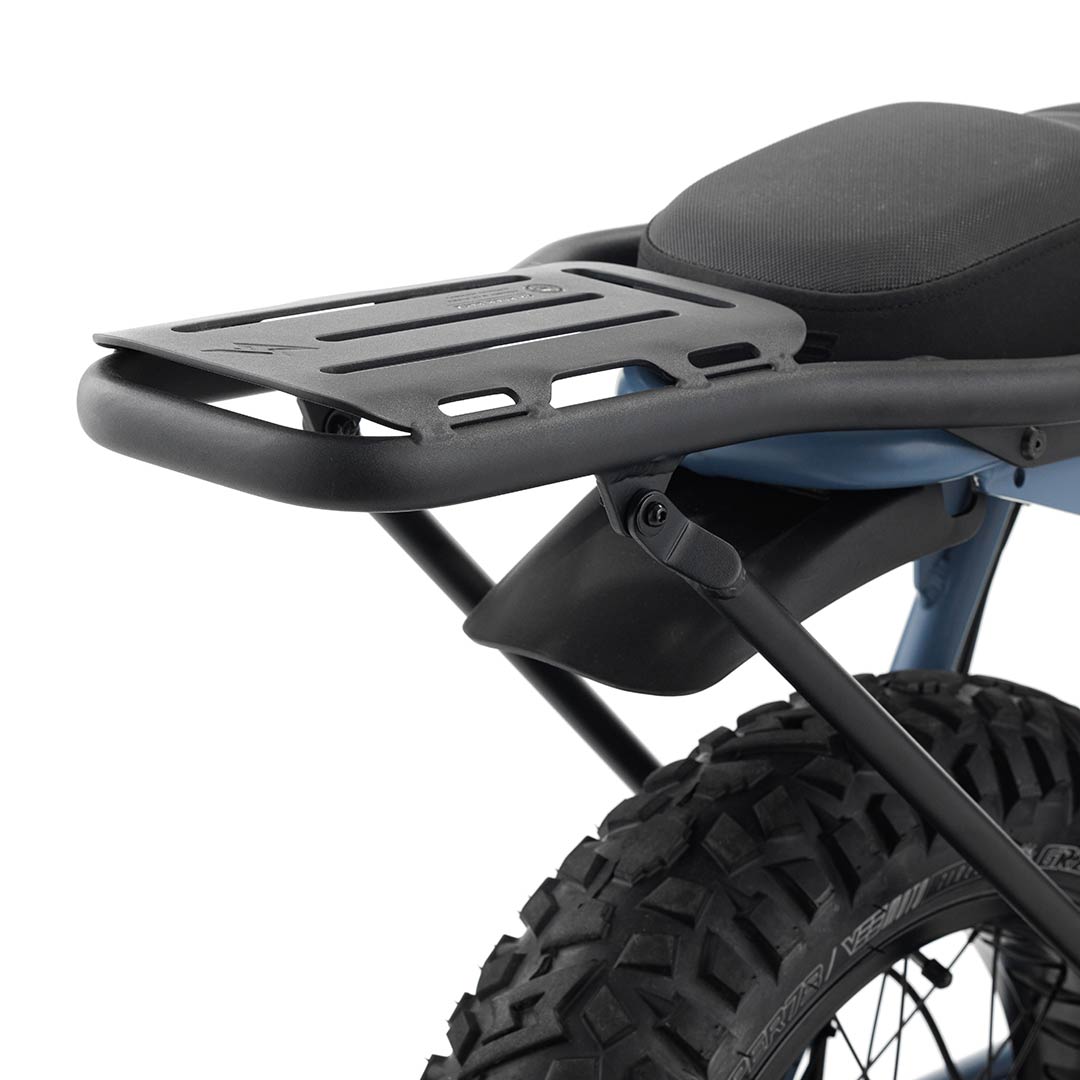 Close up rear angle view of Super73 S2 Rear Rack on bike with white background.