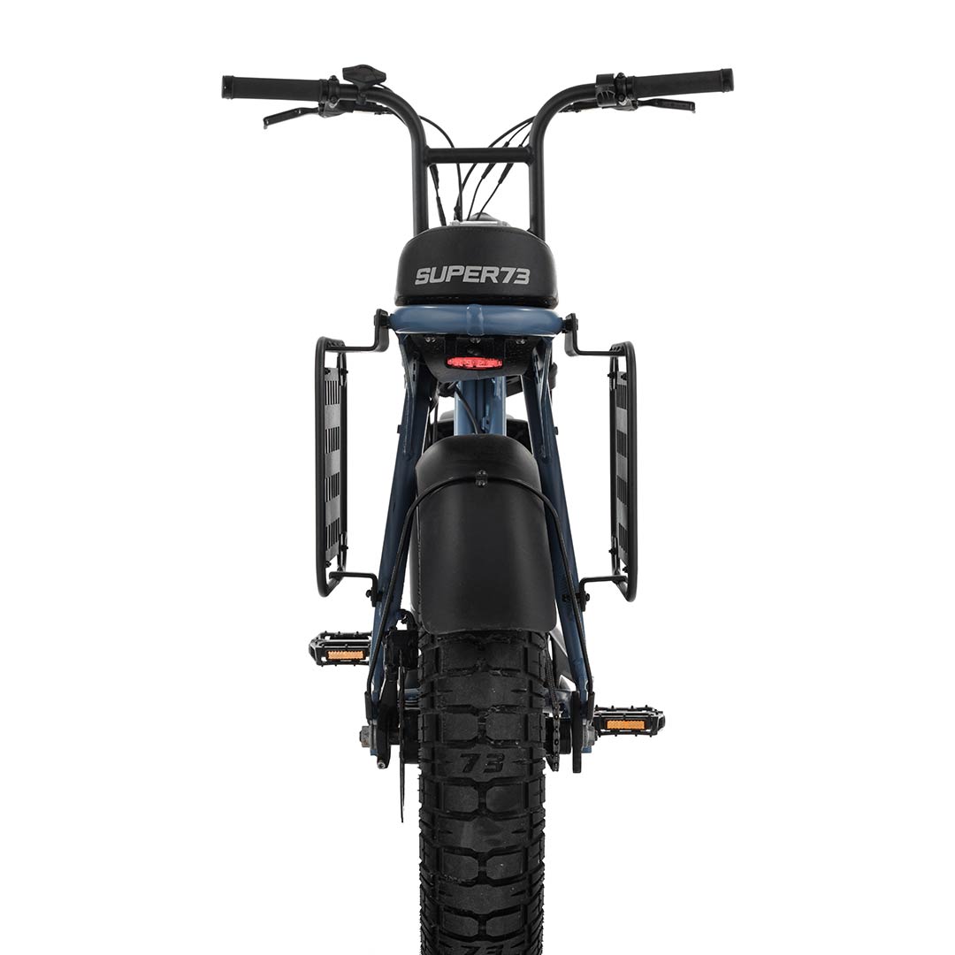 Rear view of S2 Side Rack on Super73 ebike set to white background.