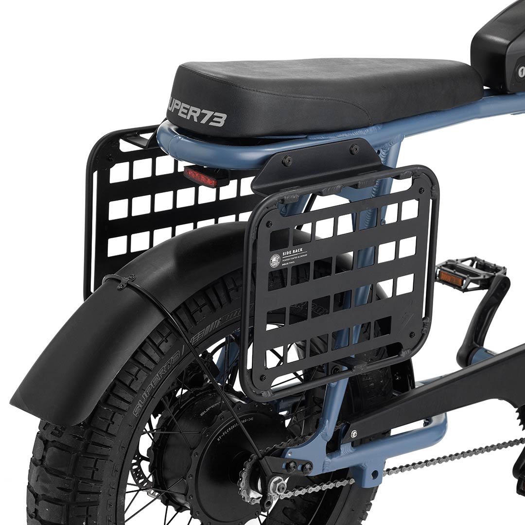 Side angle view of S2 Side Rack on Super73 ebike set to white background.