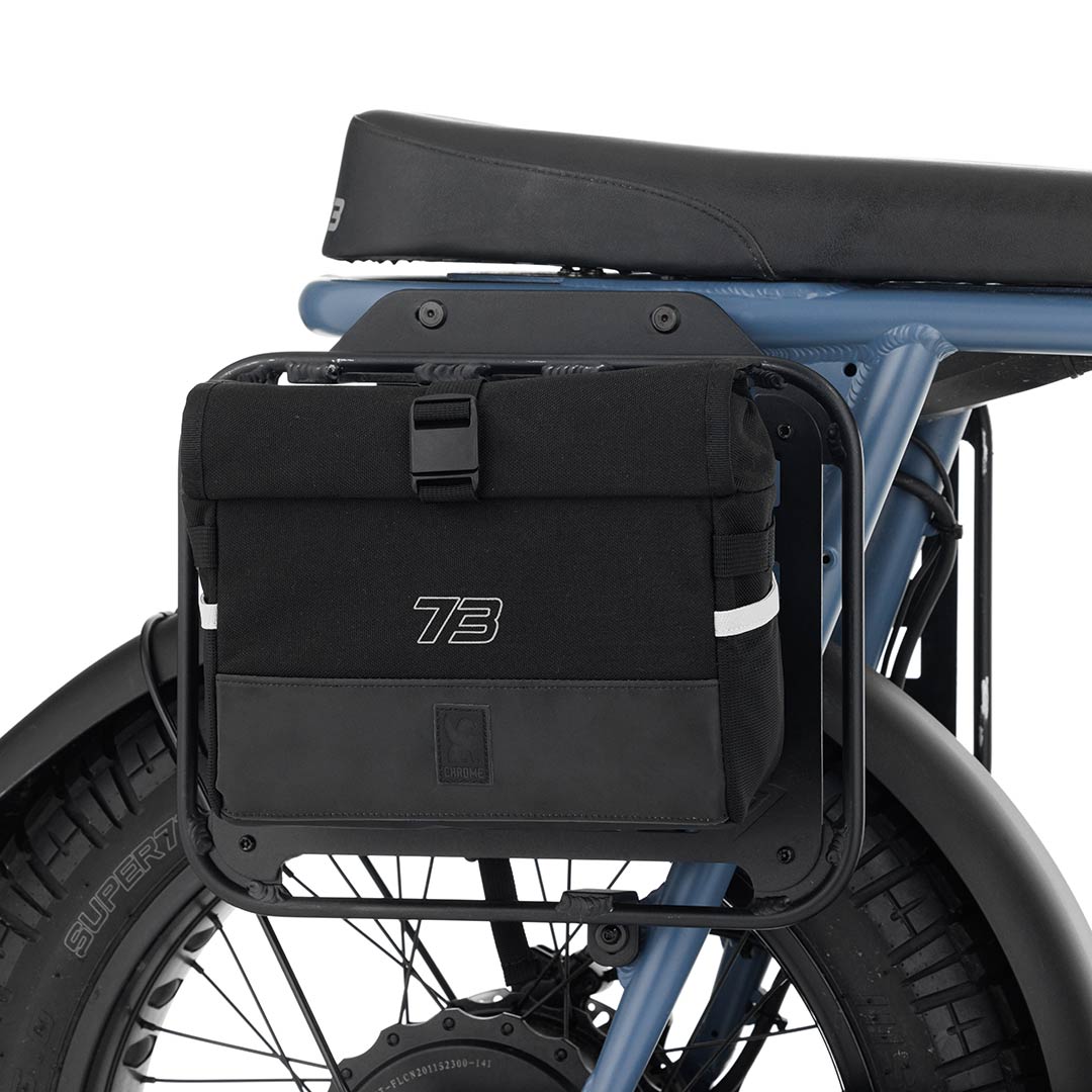 Side view of Chrome Bag mounted to S2 Side Rack on Super73 ebike set to white background.