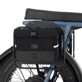 Side view of Chrome Bag mounted to S2 Side Rack on Super73 ebike set to white background.