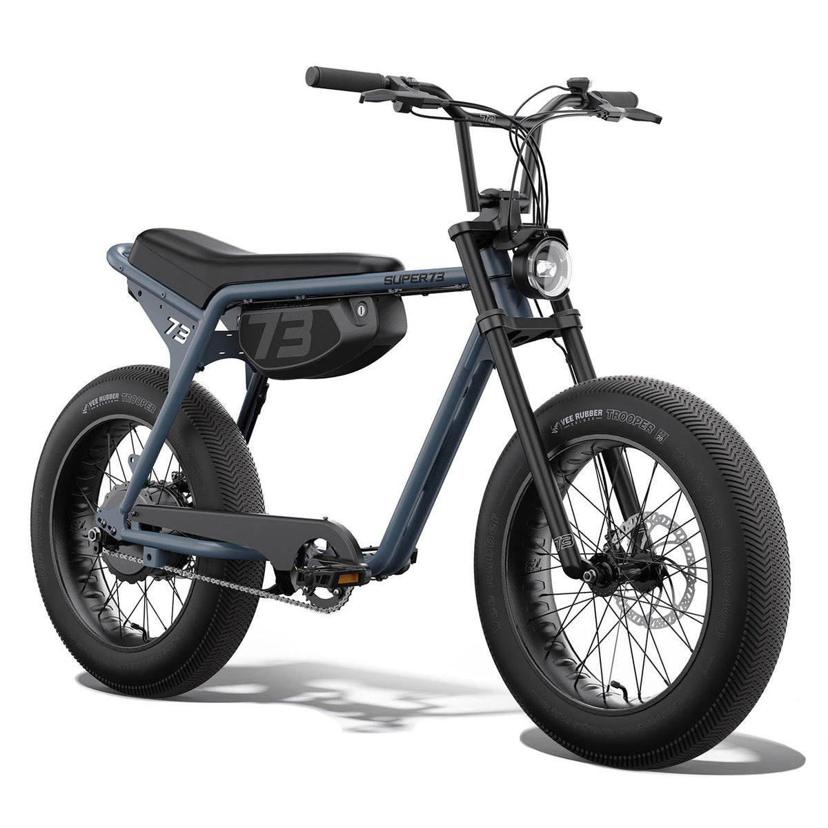Front view of the SUPER73-ZX Core ebike in Panthro Blue. @color_panthro blue
