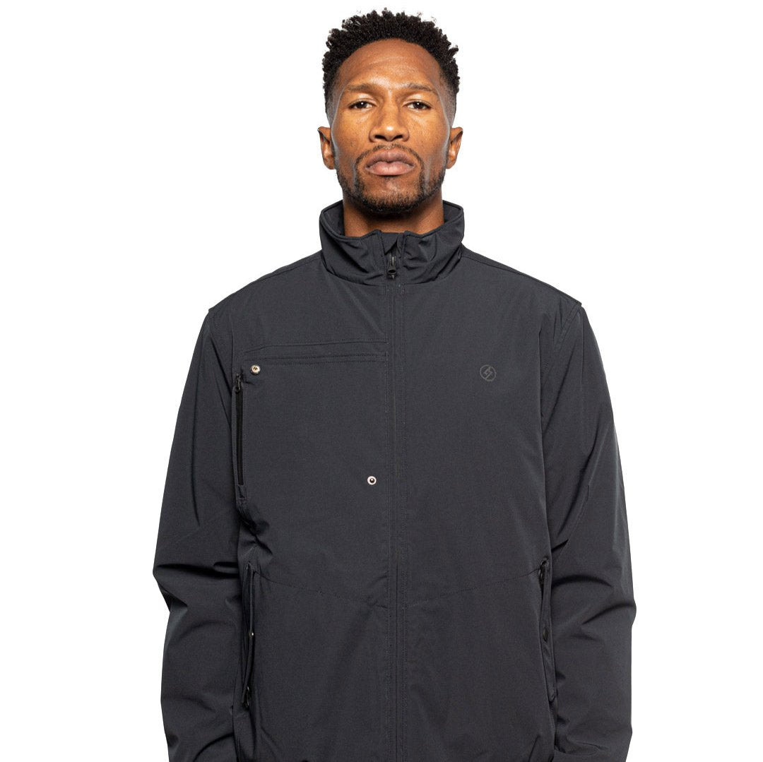 Male model wearing Royce Harrington Jacket in black colorway. @color_black