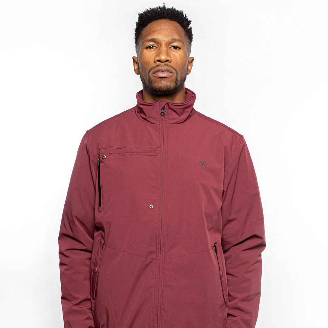 Male model wearing Royce Harrington Jacket in burgundy colorway. @color_burgundy