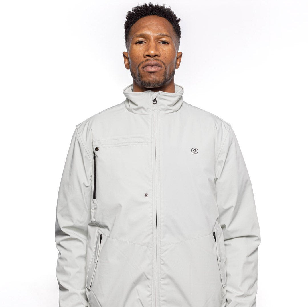 Male model wearing Royce Harrington Jacket in Chalk colorway. @color_chalk