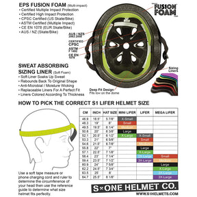 S1 Lifer Helmet size chart and measuring instructions.