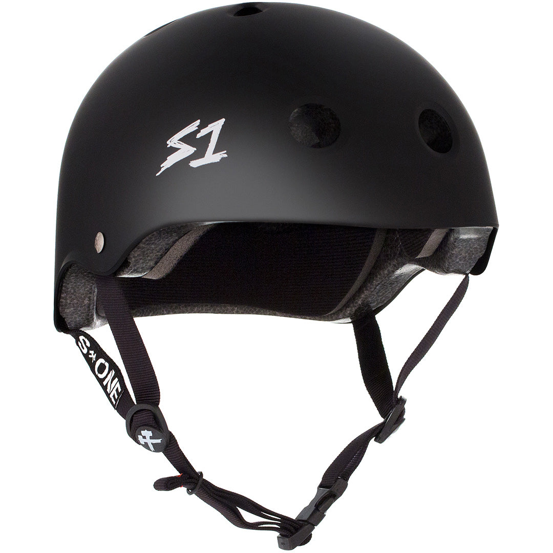 Partial side view of the S1 Mega Lifer Helmet in Matte Black against a white background.