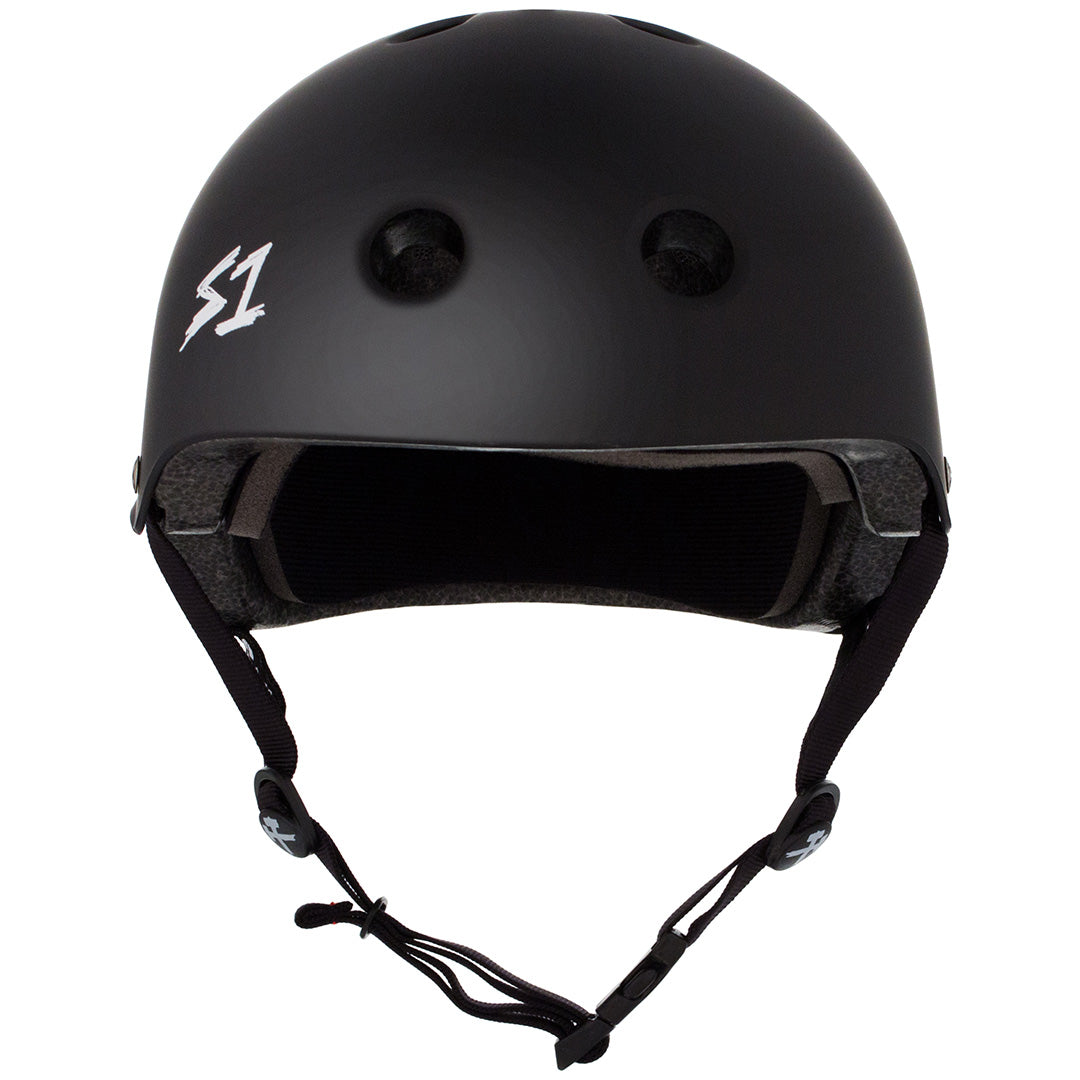 Front view of the S1 Mega Lifer Helmet in Matte Black against a white background.