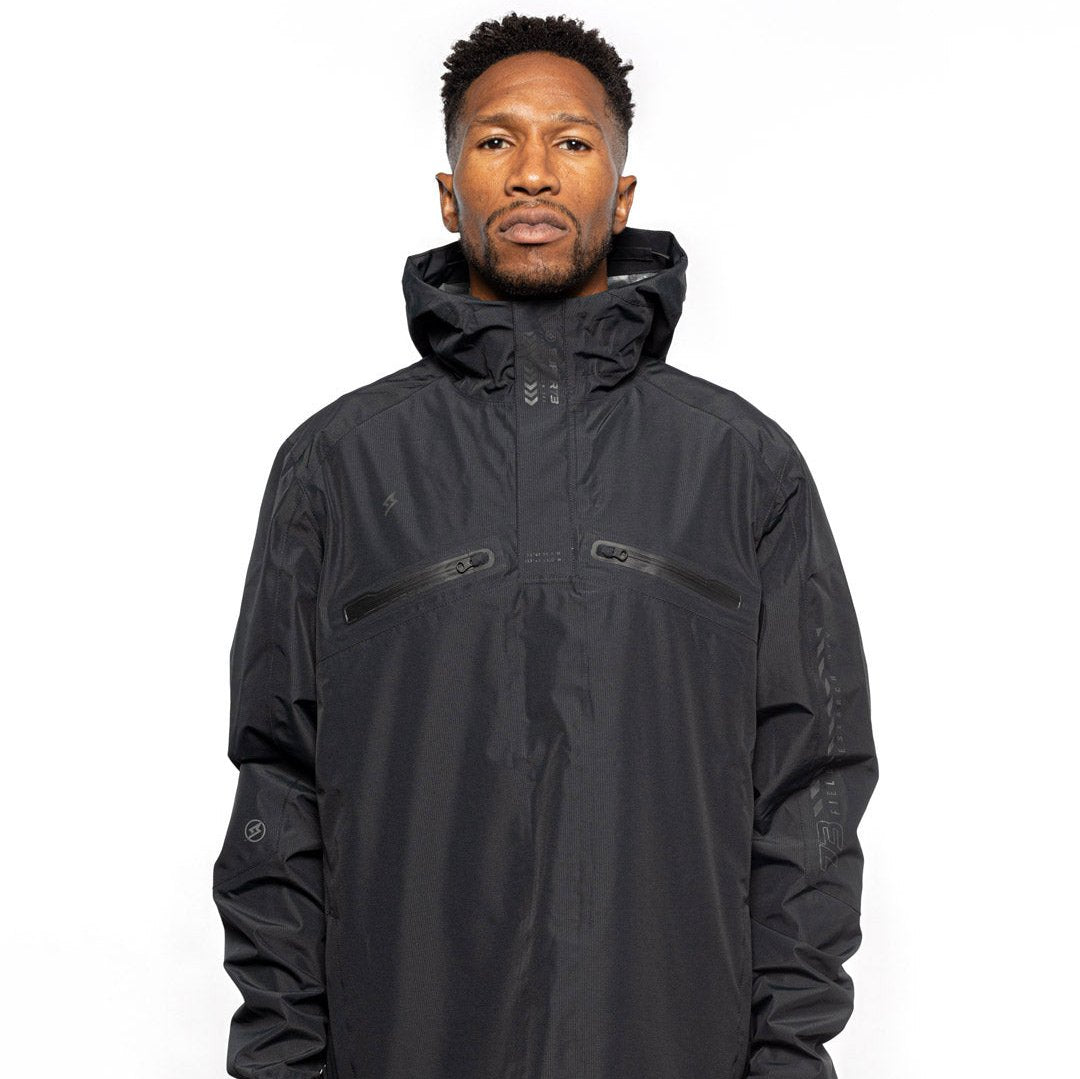 Male model wearing Vale Packable Anorak in black colorway. @color_black