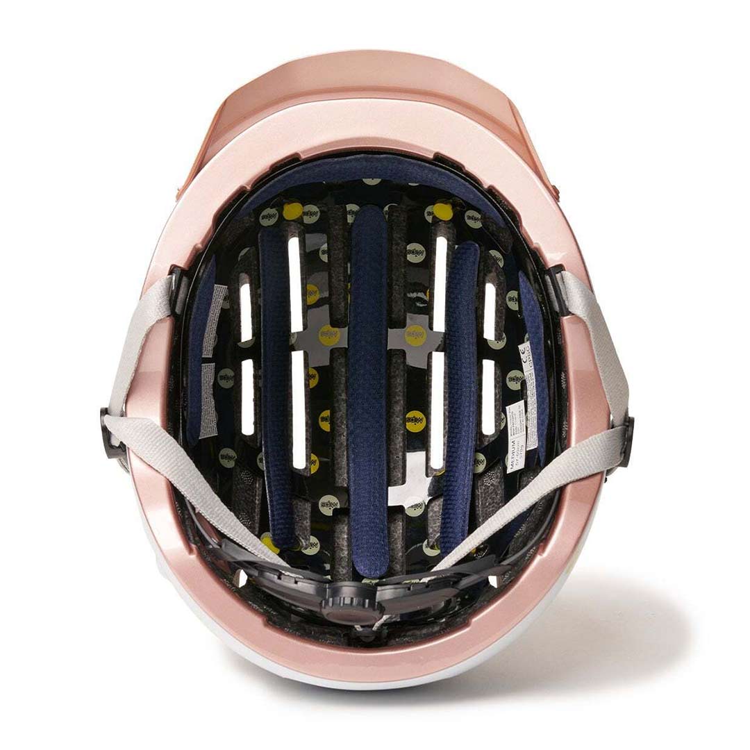 Inside view of White Chapter MIPS Helmet by Thousand with rose gold visor on white background. @color_supermoon white