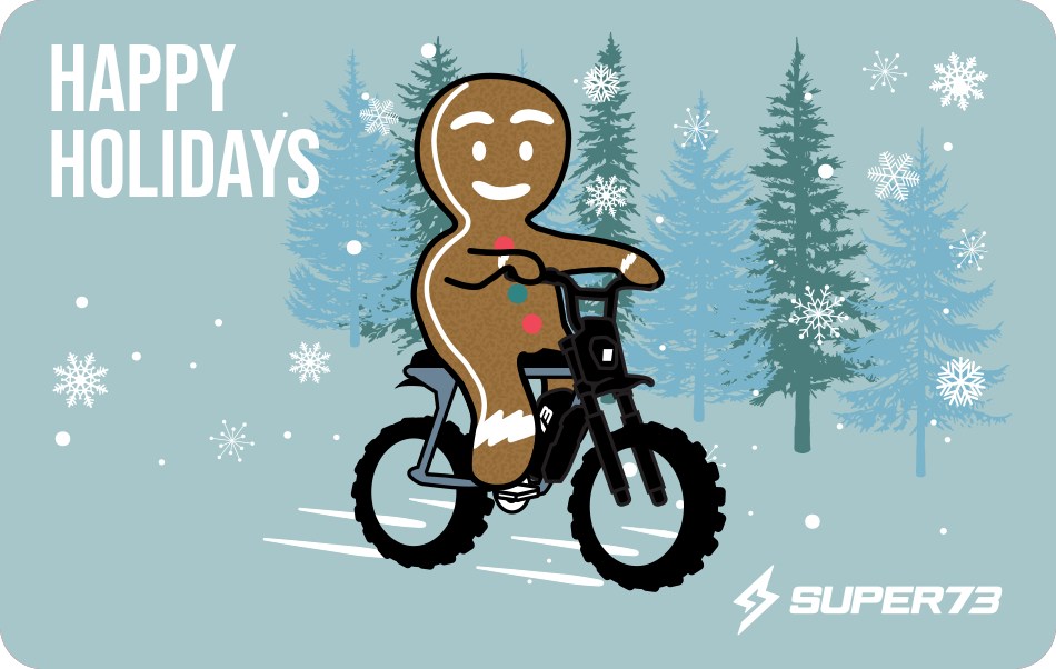 eGift Card image of a cartoon gingerbread man riding a SUPER73 ebike. @style_steve