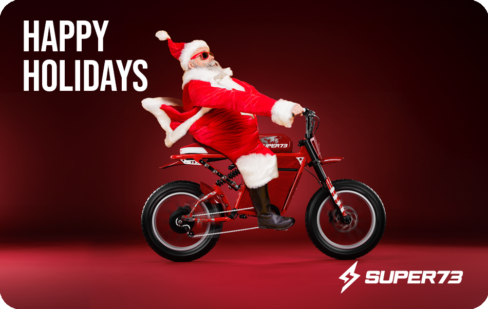 eGift Card image of Santa Claus on a custom SUPER73 ebike. @style_quick saint nick